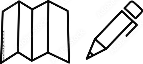 Simple icons representing a map and a pencil for navigation and writing purposes isolated on transparent background, Vector