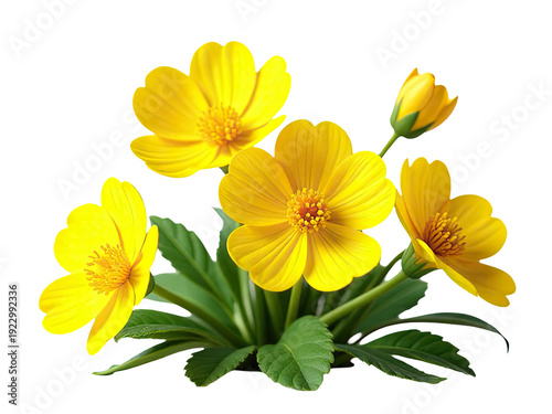 A close-up shot of a bunch of bright yellow flowers with green leaves