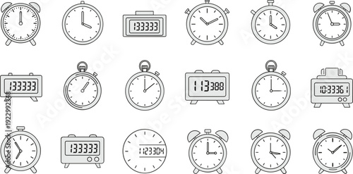 Collection of various analog and digital timekeeping devices and icons isolated on transparent background, Vector