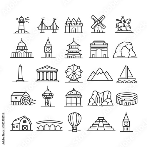 Icon set featuring global landmarks and structures.