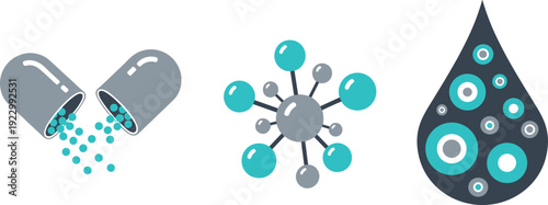 Illustration of medical, molecular, and water droplet concepts with particles isolated on transparent background, Vector