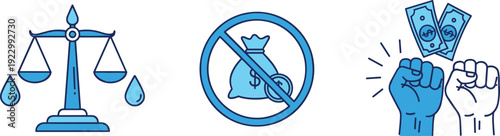 Balancing justice, prohibition, and financial empowerment symbols isolated on transparent background, Vector