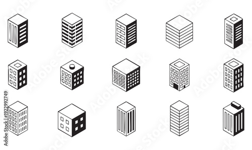 Isometric building icons, 3d architecture line art, skyscraper and apartment building vector set