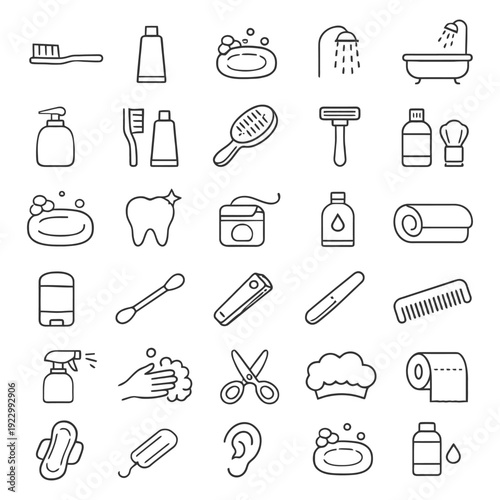 Outline icons of personal hygiene items including toothpaste, shampoo, soap, and razor.