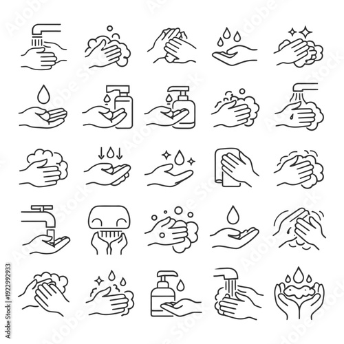 Line art icons of handwashing steps with soap and water.