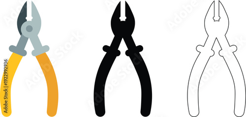 Pliers Icon Set Flat Solid and Outline Cutting Tool Vector Illustration