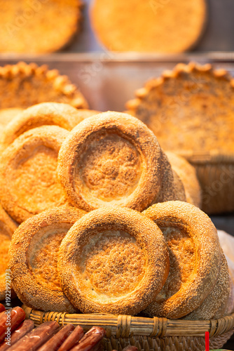 Uyghur Nan Bread in Xian Muslim Quarter. Traditional flat bread sold in Xian, Shaanxi, China