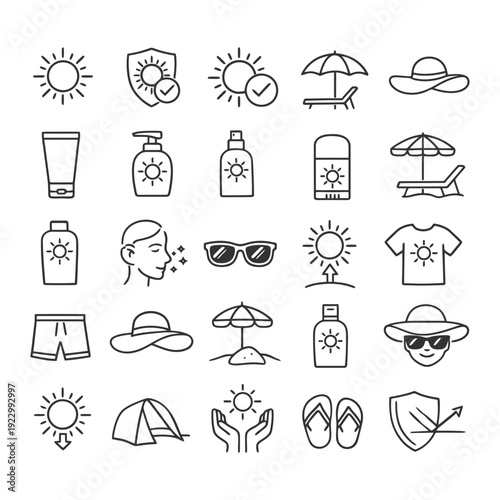 Summer icon set featuring sunscreen, sunglasses, and beach accessories.