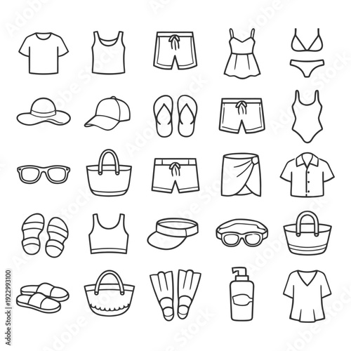 Summer beachwear and accessories line art collection - outfits, footwear, hats, bags.