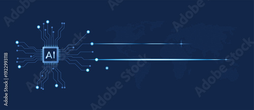 AI Microchip Connected to Global Network with World Map Technology Background