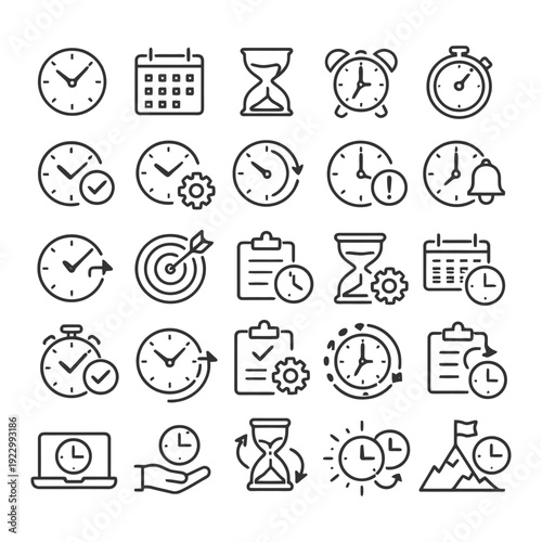 Clock and time management icon set featuring clocks, calendars, and hourglasses.