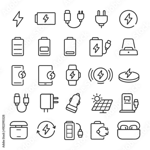 Power icon set: battery charging plugs solar energy devices.
