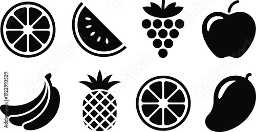 Minimalist fruit icon set, black silhouette fruit symbols for grocery and food apps, 8 vector fruit elements including apple and banana