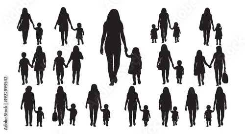 Mother and Child Silhouettes Walking and Holding Hands — Multiple Poses and Cutout Figures