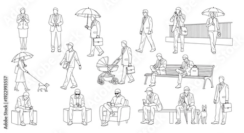 Business People Commuting and Relaxing in Urban Park Line Art Illustration With Phones and Umbrellas