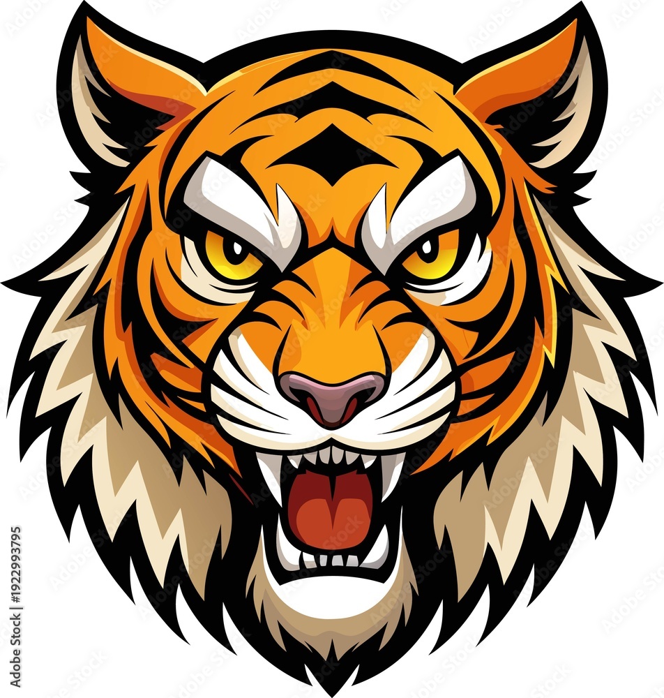 Fototapeta premium Angry tiger face isolated. Head front view. an white background.