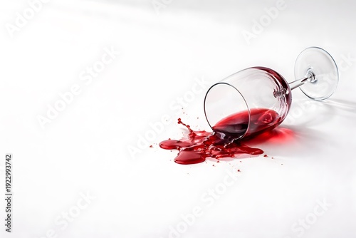 A glass tipped over spills red wine across a plain surface. The scene captures the moment of a spill during a social activity, showing the wine flowing in different directions