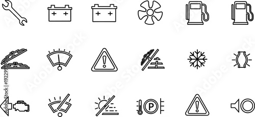 Automotive dashboard and service line icons set, car maintenance symbols including battery, fuel pump, temperature warning, parking indicator vector isolated on white background