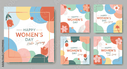 Happy women's day greeting cards with colorful floral designs and spring messages