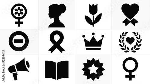 Elegant international women's day symbols and icons black silhouettes on white background representing female empowerment equality and feminism