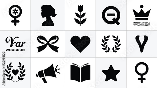 Elegant international women's day icons set black silhouettes on white background symbols of female empowerment equality and feminism