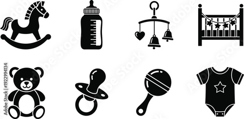 Baby Toys and Accessories Icon Set, Rocking Horse, Teddy Bear, Pacifier, Rattle and Crib Silhouette Vector Illustration Collection for Nursery Design