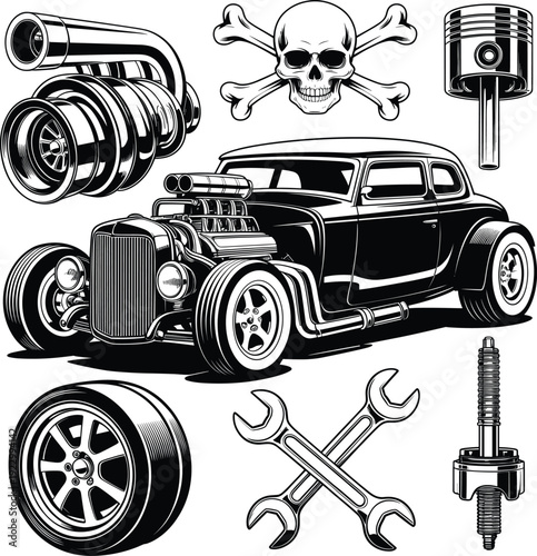 Black and white hot rod car illustration, supercharged engine, turbocharger, skull emblem, custom automotive parts set, vintage racing vehicle vector isolated on white background
