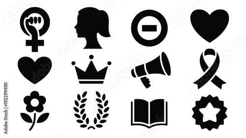 International women's day symbols and icons for equality and empowerment on white background