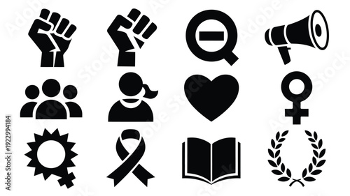 Collection of black icons representing activism feminism and social issues on white background for awareness campaigns