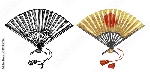 Japanese paper fan. Vintage vector hatching color illustration. Isolated on white