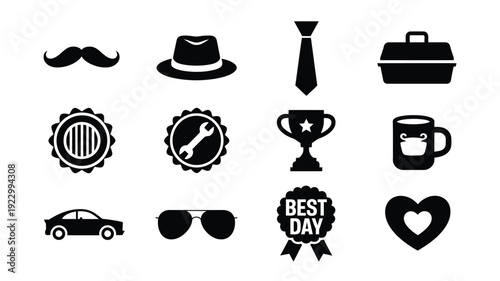 Vintage inspired father's day silhouette icons set including hat tie briefcase mustache trophy coffee mug and more on white background