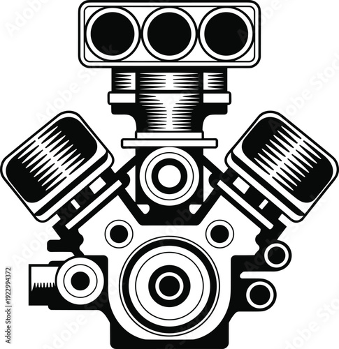 Black and white V8 engine illustration, supercharged motor, automotive mechanical part, performance racing engine vector icon isolated on white background detailed line art design