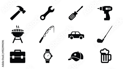 Black silhouette icons for father's day including tools hobbies and leisure activities on white background
