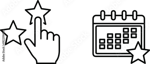 Hand selecting a star and a calendar with a star on a digital device isolated on transparent background, Vector