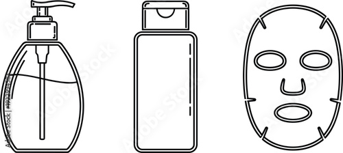 Basic skincare routine products displayed in simple line drawing isolated on transparent background, Vector