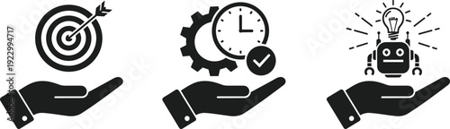 Hand icons representing goal setting, time management, and digital productivity isolated on transparent background, Vector