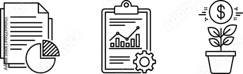 Three icons representing business planning, financial tracking, and growth investment isolated on transparent background, Vector