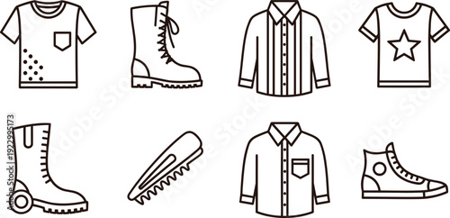 Fashion Clothing and Footwear Icon Set, T Shirt, Shirt, Boots and Sneakers Outline Vector Illustration Collection, Casual Apparel Line Design for Retail