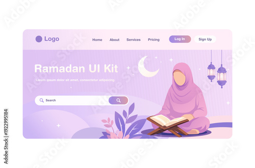 Ramadan UI Kit Landing Page with Muslim Woman Reading Quran – Islamic Web Banner Flat Illustration