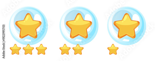 Golden star icons with blue bubbles, representing different rating levels or achievements in a cartoon style.