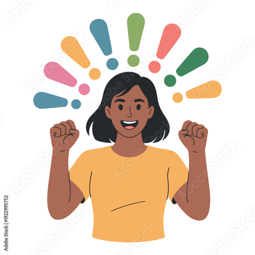 Woman expresses excitement with many colorful exclamation points.