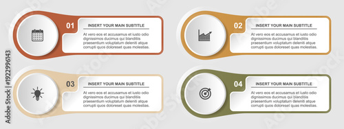Business infographic template with 4 steps vector illustration for process flow marketing strategy visualization minimalist presentation chart with target icons and copy space.