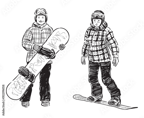 Two cheerful schoolboys, sports children snowboarding, realistic sketch, vector, hand drawn illustration