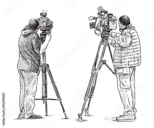 Two cinematographers professional men with cameras on tripod filming, photographing, at work, back view, realistic sketch, vector hand drawing isolated on white
