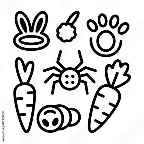A black and white illustration of Easter icons