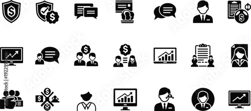 Collection of icons representing various aspects of digital communication and productivity isolated on transparent background, Vector