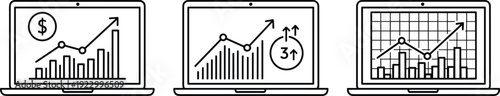 Three laptops displaying different financial and analytical charts and graphs isolated on transparent background, Vector