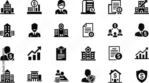 Collection of icons representing various business and real estate professions and activities isolated on transparent background, Vector
