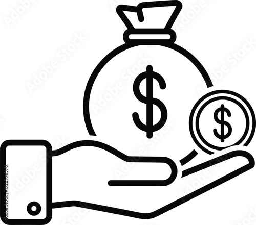A hand holding a coin and a bag filled with money symbolizing financial investment or savings. isolated on transparent background, Vector