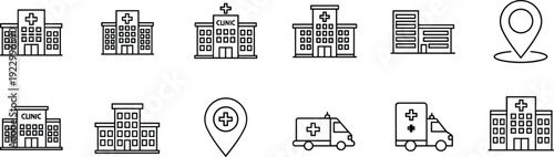Icon set depicting various urban services and facilities for city infrastructure isolated on transparent background, Vector